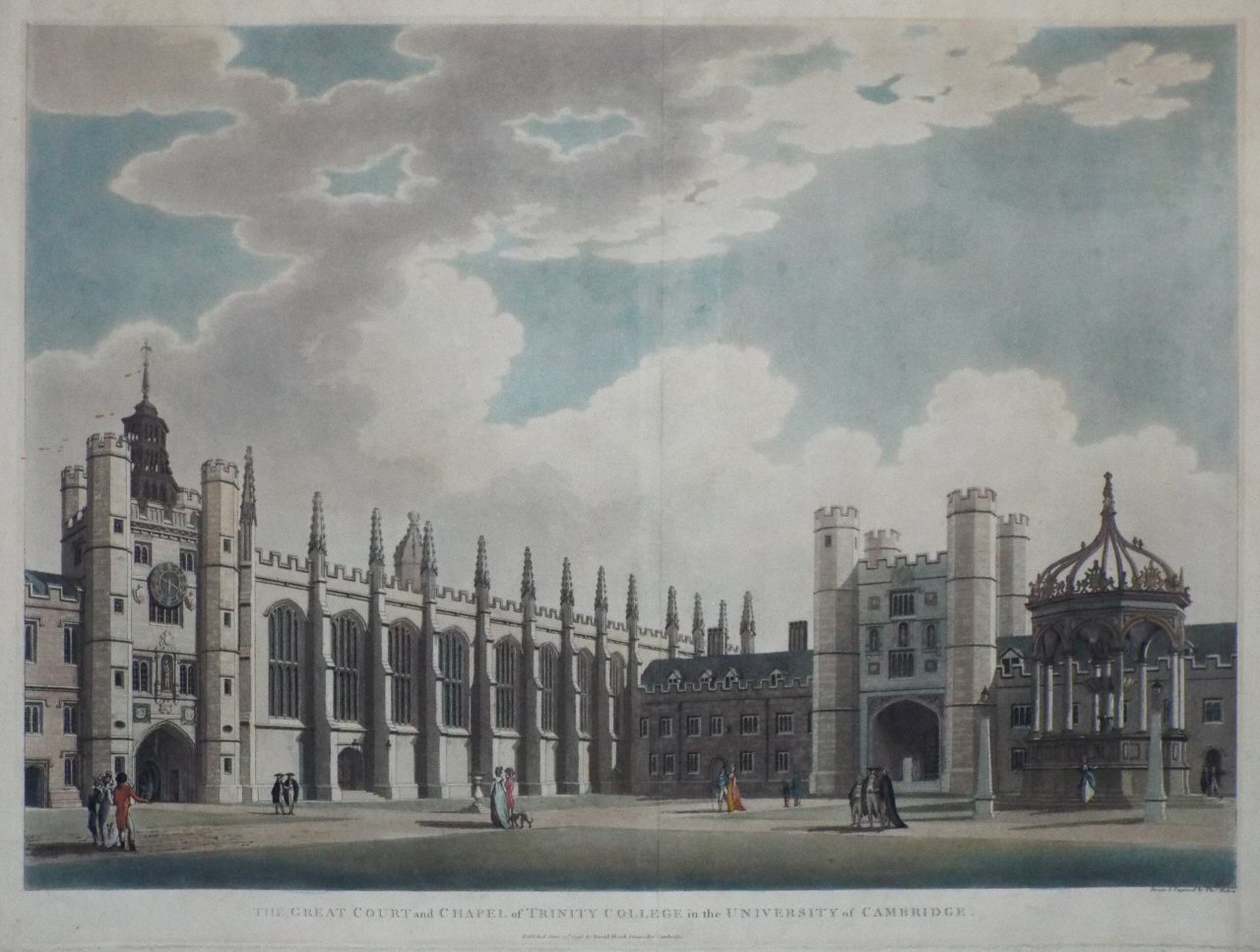 Aquatint - The Great Court and Chapel of Trinity College in the University of Cambridge. - Malton